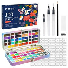 100 Colors Watercolor Paint Set with gift box packaging, a portable metal case, 3 water brushes, a swatch sheet, and other art accessories.