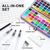 An overview of the all-in-one 100 Colors Watercolor Paint Set, highlighting the portable case, water brush, sketch pencil, sharpener, and sponge.