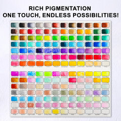 Swatch chart of the 168 rich pigment colors available in the watercolor paint set, including regular, metallic, and macaron shades for endless possibilities.