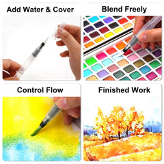 A four-panel image showing how to use the water brush pen included in the 168 colors watercolor paint set, from adding water to blending colors freely.