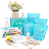 Pottreative air dry clay pottery kit complete set, including 2kg clay, 10 acrylic paints, tools, and a finished pink vase, perfect for DIY crafts.