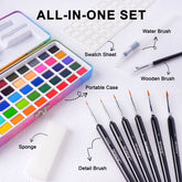 Labeled contents of the all-in-one 50 colors watercolor paint set. Shows portable case, swatch sheet, brushes, and sponge.
