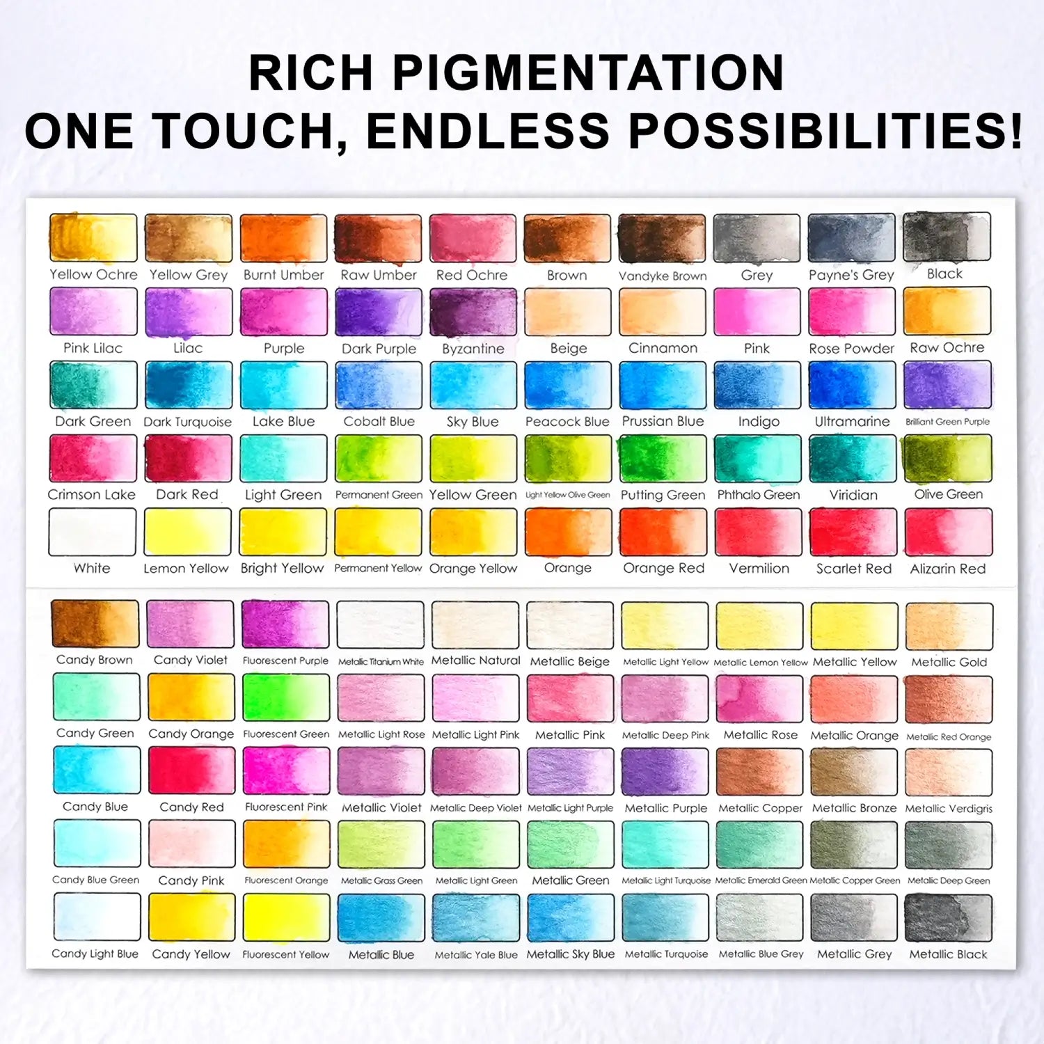 Vibrant color swatch chart for the 100 Colors Watercolor Paint Set, showing a variety of regular, metallic, fluorescent, and macaron shades.