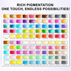 Vibrant color swatch chart for the 100 Colors Watercolor Paint Set, showing a variety of regular, metallic, fluorescent, and macaron shades.