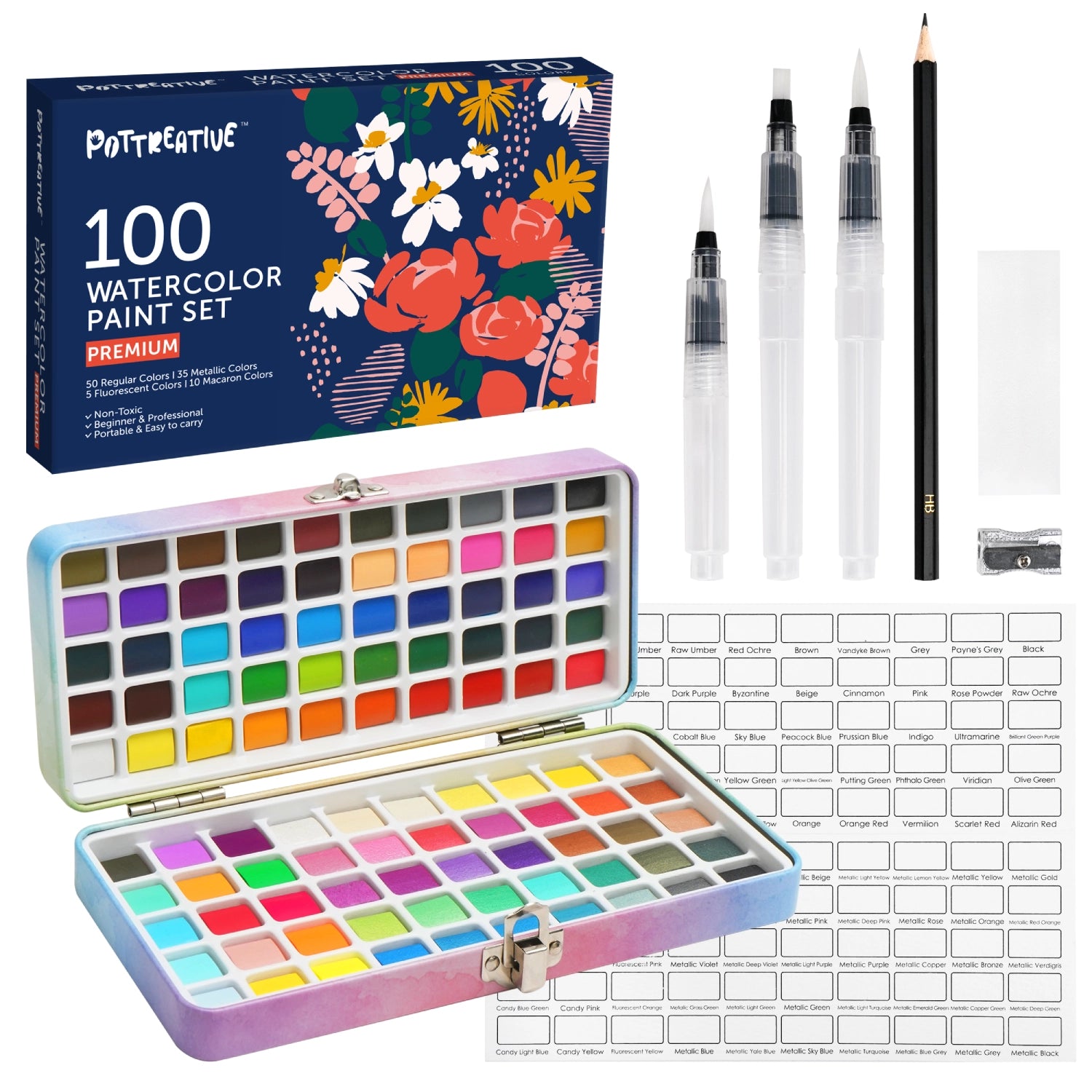 100 Colors Watercolor Paint Set with gift box packaging, a portable metal case, 3 water brushes, a swatch sheet, and other art accessories.