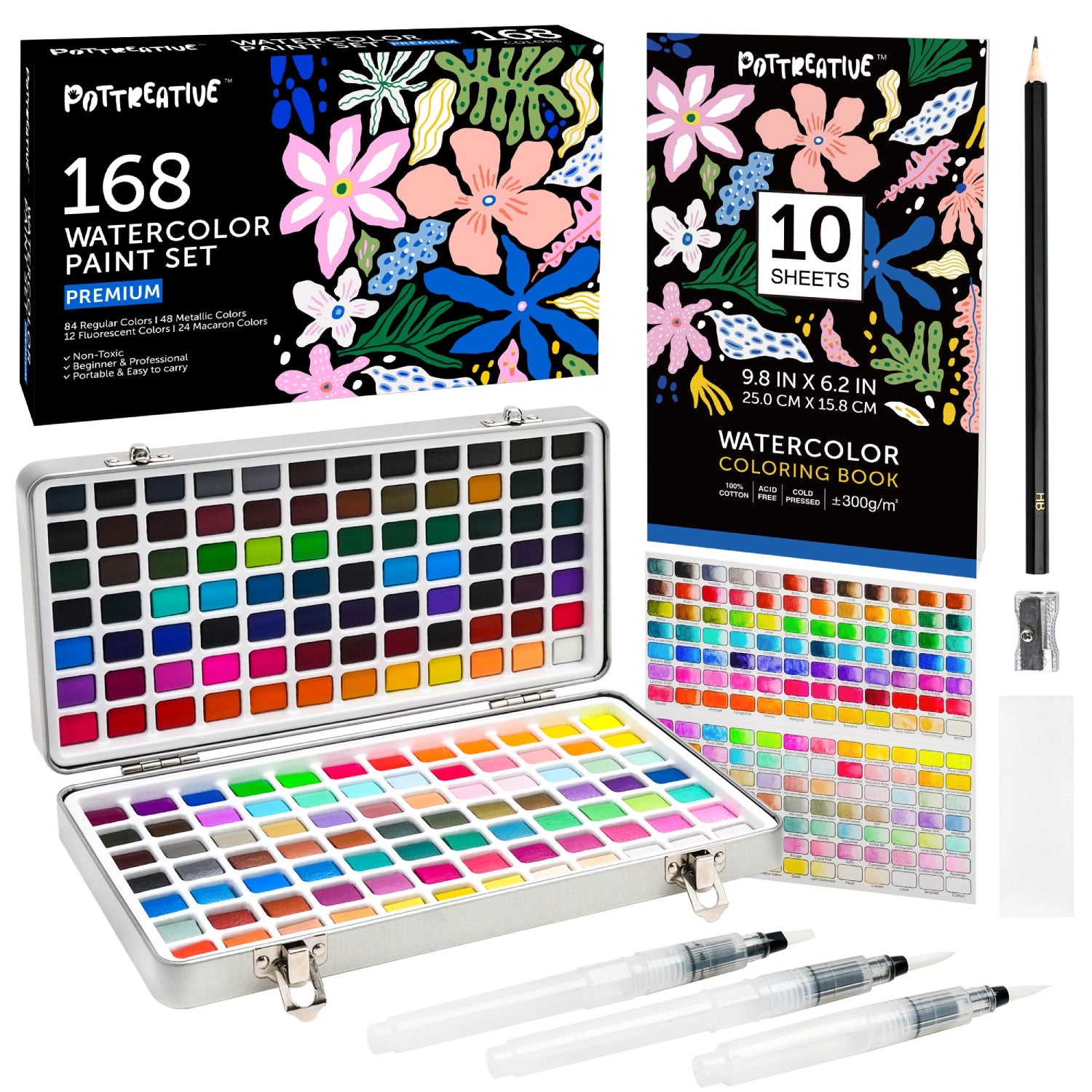 Complete 168 colors watercolor paint set with a metal case, watercolor paper, water brushes, pencil, and sharpener. An all-in-one art supply kit.