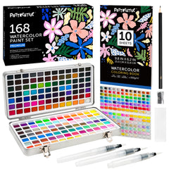 Complete 168 colors watercolor paint set with a metal case, watercolor paper, water brushes, pencil, and sharpener. An all-in-one art supply kit.