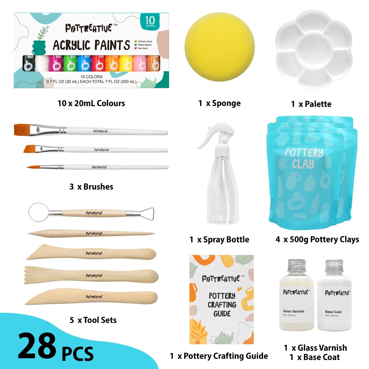 Infographic displaying the 28 pieces in the Pottreative air dry clay kit, listing 4x500g clay packs, 10 paints, 3 brushes, and 5 tool sets.