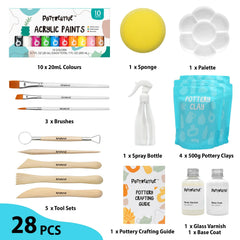 Infographic displaying the 28 pieces in the Pottreative air dry clay kit, listing 4x500g clay packs, 10 paints, 3 brushes, and 5 tool sets.