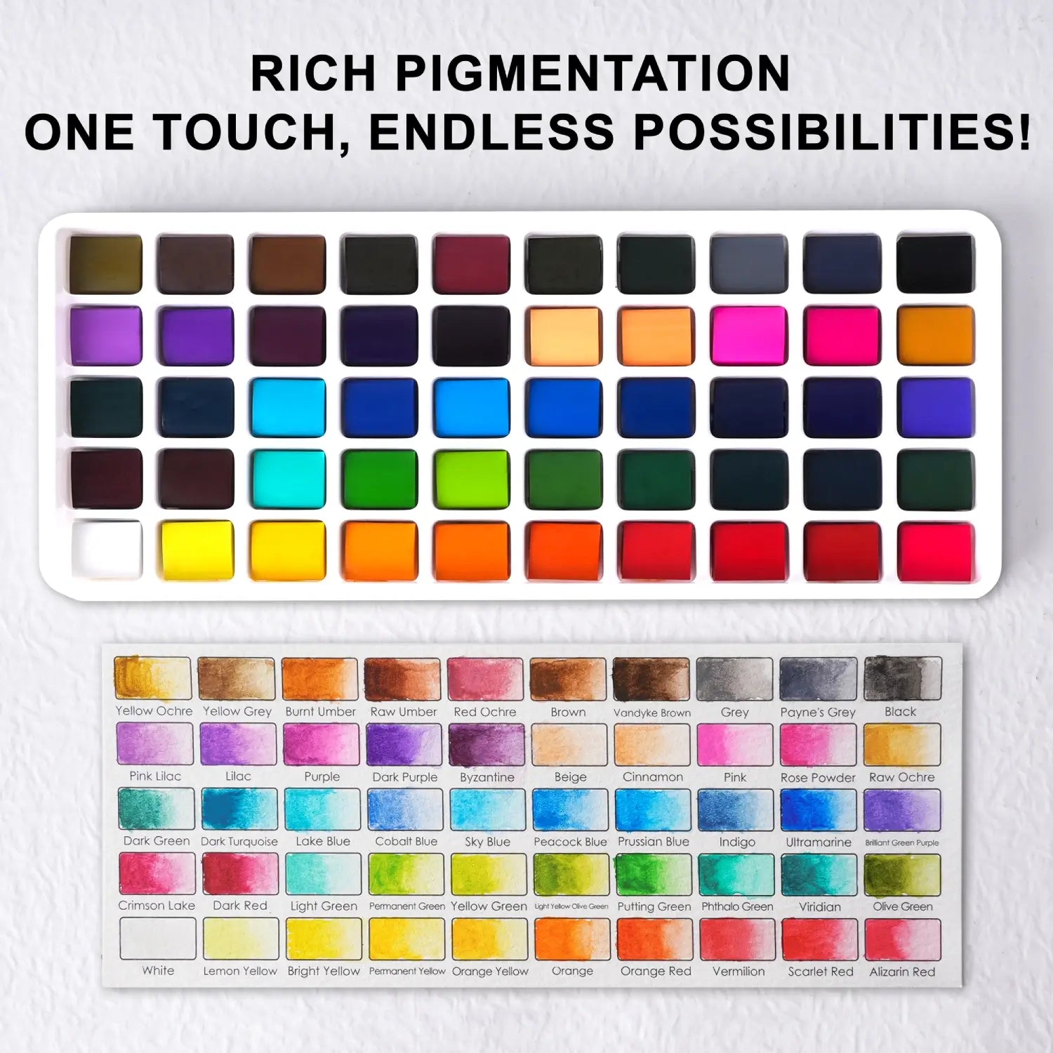 Close-up of 50 richly pigmented watercolor paints in a tray above a color swatch sheet with names.