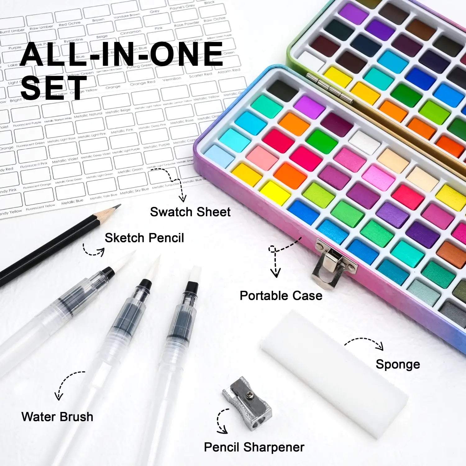 An overview of the all-in-one 100 Colors Watercolor Paint Set, highlighting the portable case, water brush, sketch pencil, sharpener, and sponge.