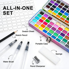 An overview of the all-in-one 100 Colors Watercolor Paint Set, highlighting the portable case, water brush, sketch pencil, sharpener, and sponge.