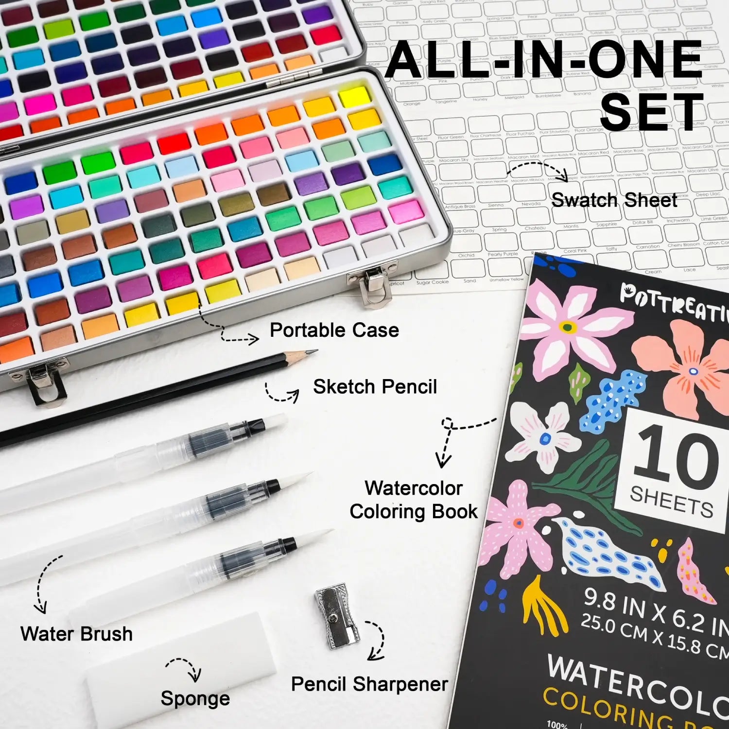 An all-in-one 168 colors watercolor paint set showing the portable case, swatch sheet, water brushes, sketch pencil, sharpener, sponge, and coloring book.