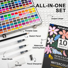 An all-in-one 168 colors watercolor paint set showing the portable case, swatch sheet, water brushes, sketch pencil, sharpener, sponge, and coloring book.