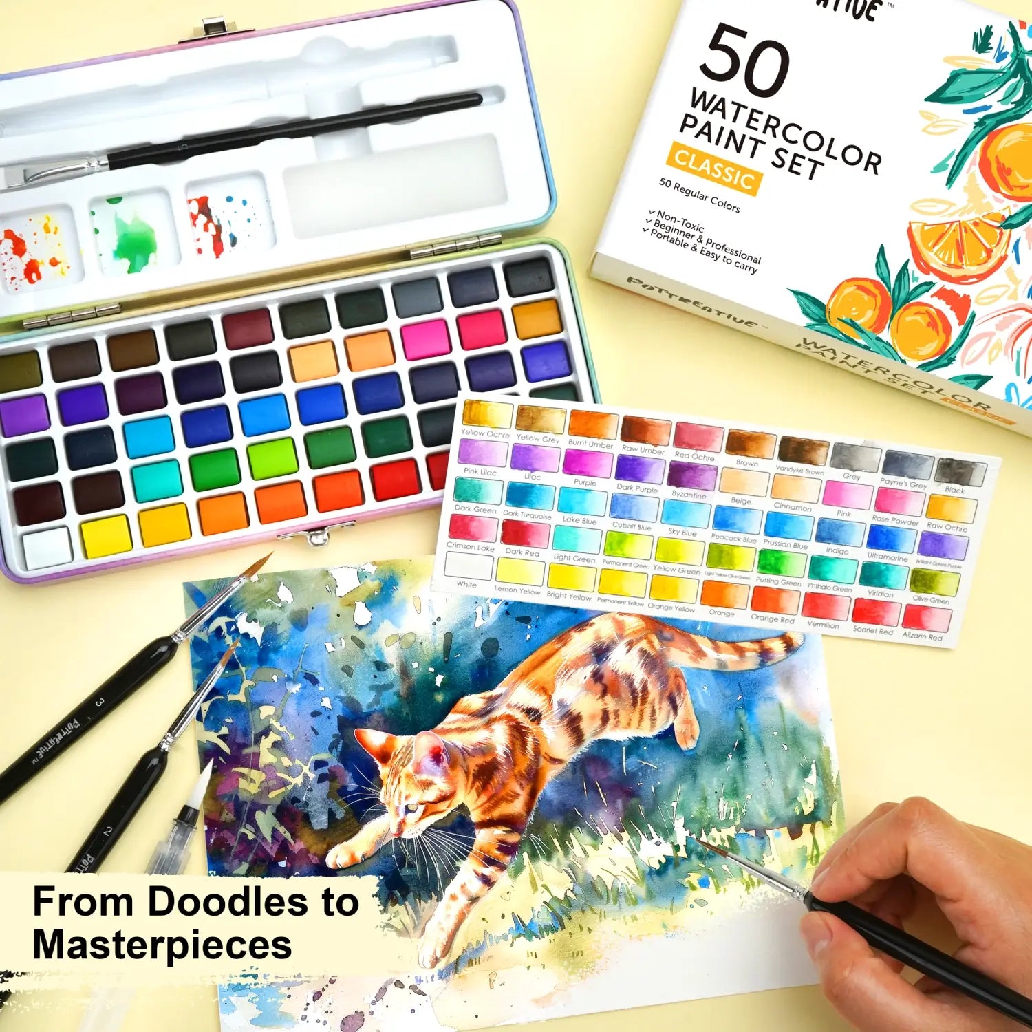An artist paints a detailed cat with the Pottreative 50 Colors Watercolor Paint Set, great for doodles to masterpieces.
