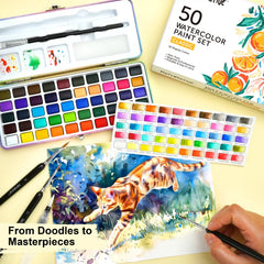 An artist paints a detailed cat with the Pottreative 50 Colors Watercolor Paint Set, great for doodles to masterpieces.
