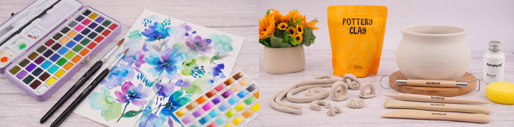50 colors watercolor paint set with watercolor flower works on the left and pottery clay with a pot and several sculpt tools on the right.