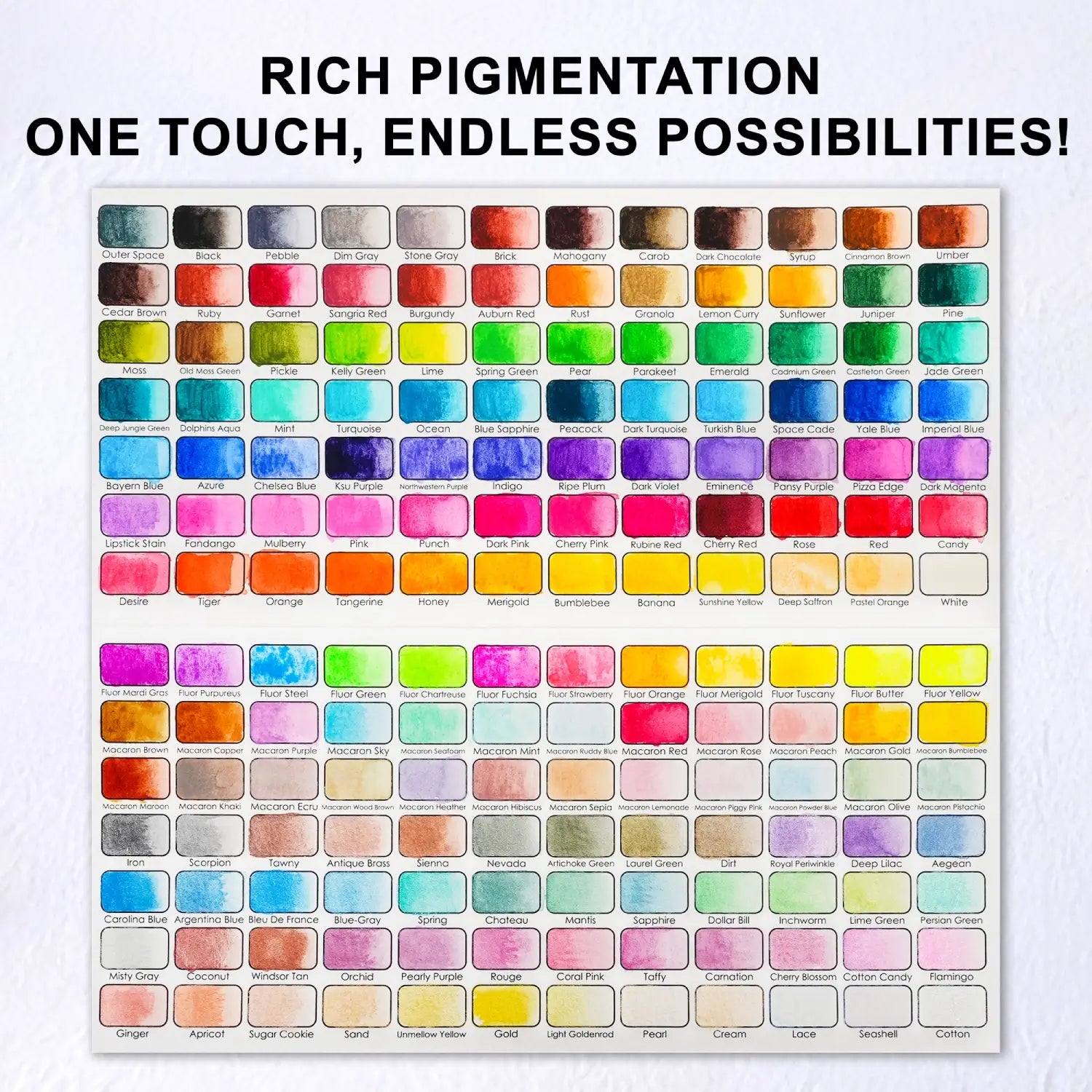 Swatch chart of the 168 rich pigment colors available in the watercolor paint set, including regular, metallic, and macaron shades for endless possibilities.