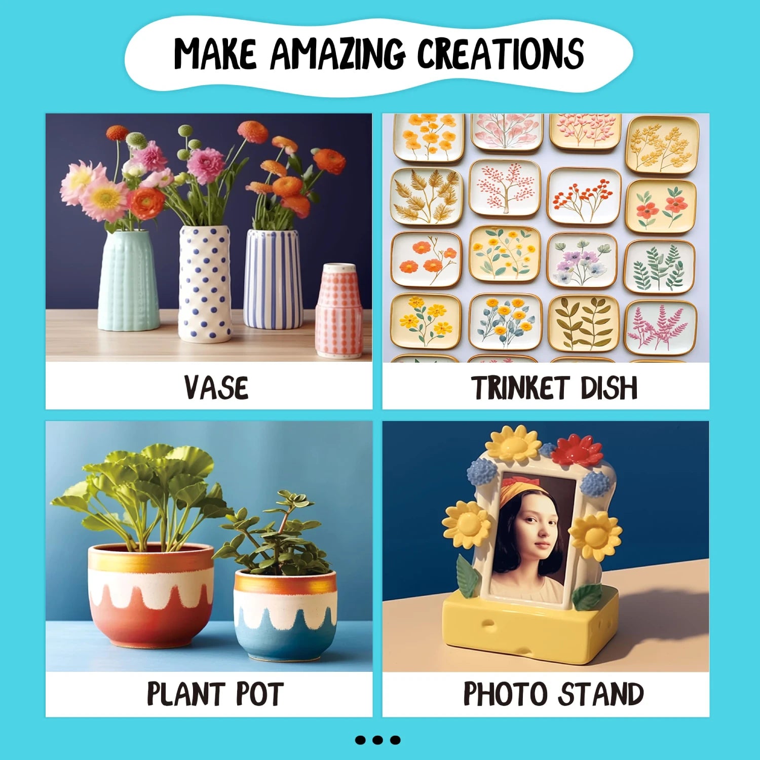A collage of amazing creations made with the air dry clay pottery kit, showcasing DIY project ideas like a vase, trinket dish, plant pot, and photo stand.