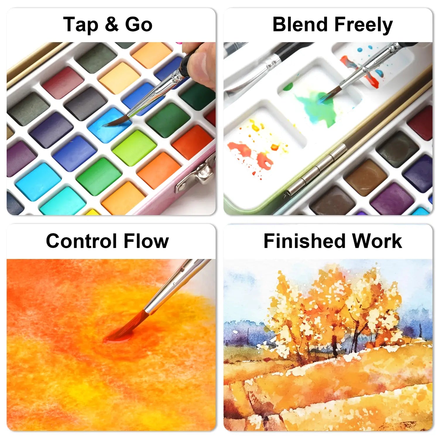Four-panel image shows the easy painting process: tap & go, blend freely, control flow, and a finished landscape painting. 