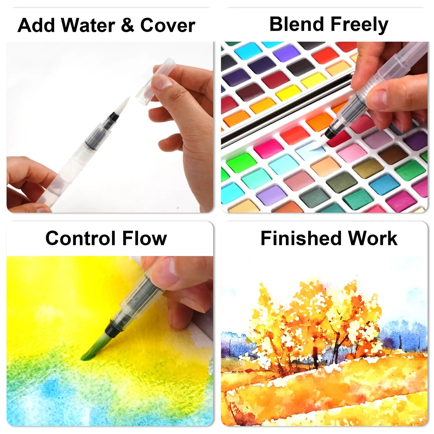 A four-panel image showing how to use the water brush pen included in the 168 colors watercolor paint set, from adding water to blending colors freely.