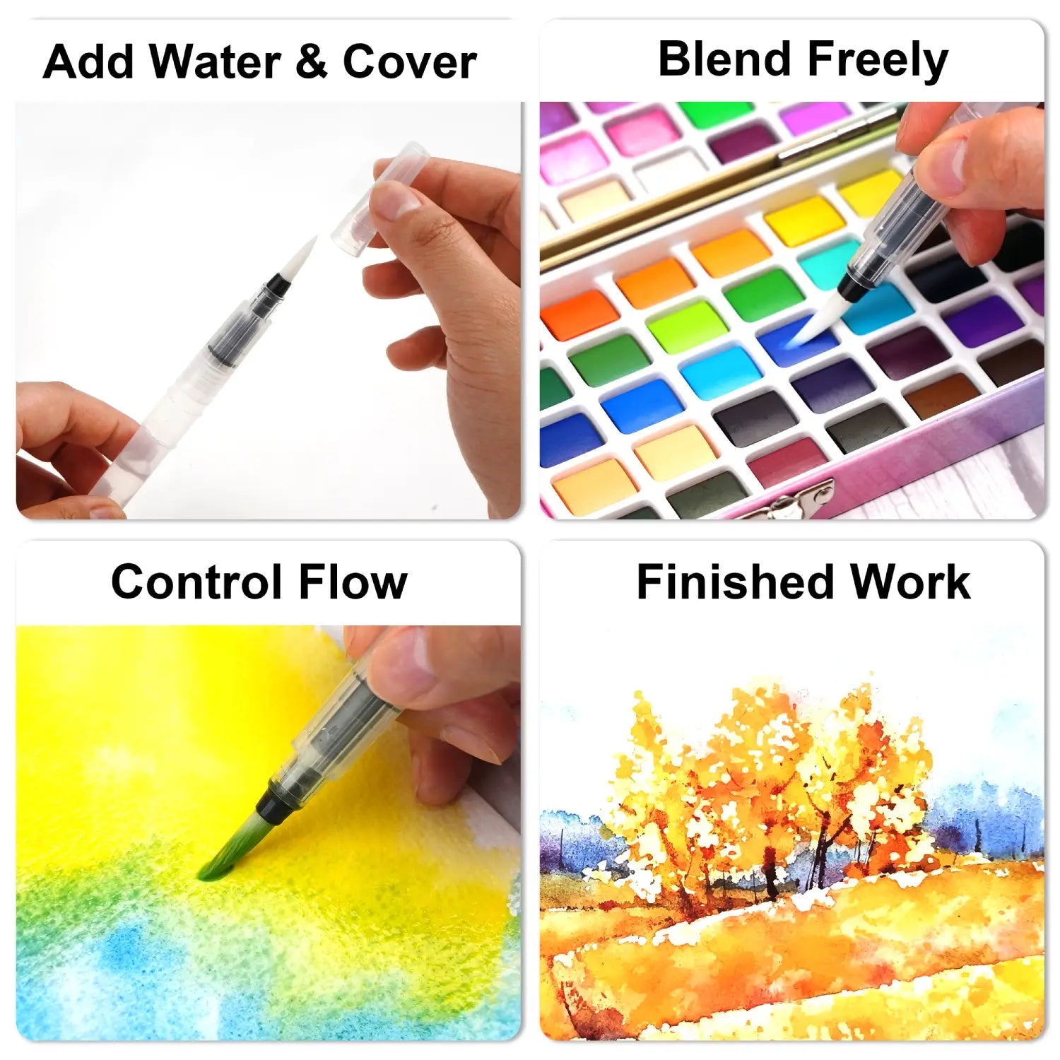 A 4-step guide showing how to use the included water brush with the 100 Colors Watercolor Paint Set for easy blending and painting.