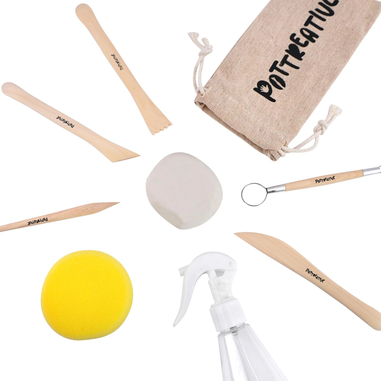 Sculpting tools, clay, and accessories.