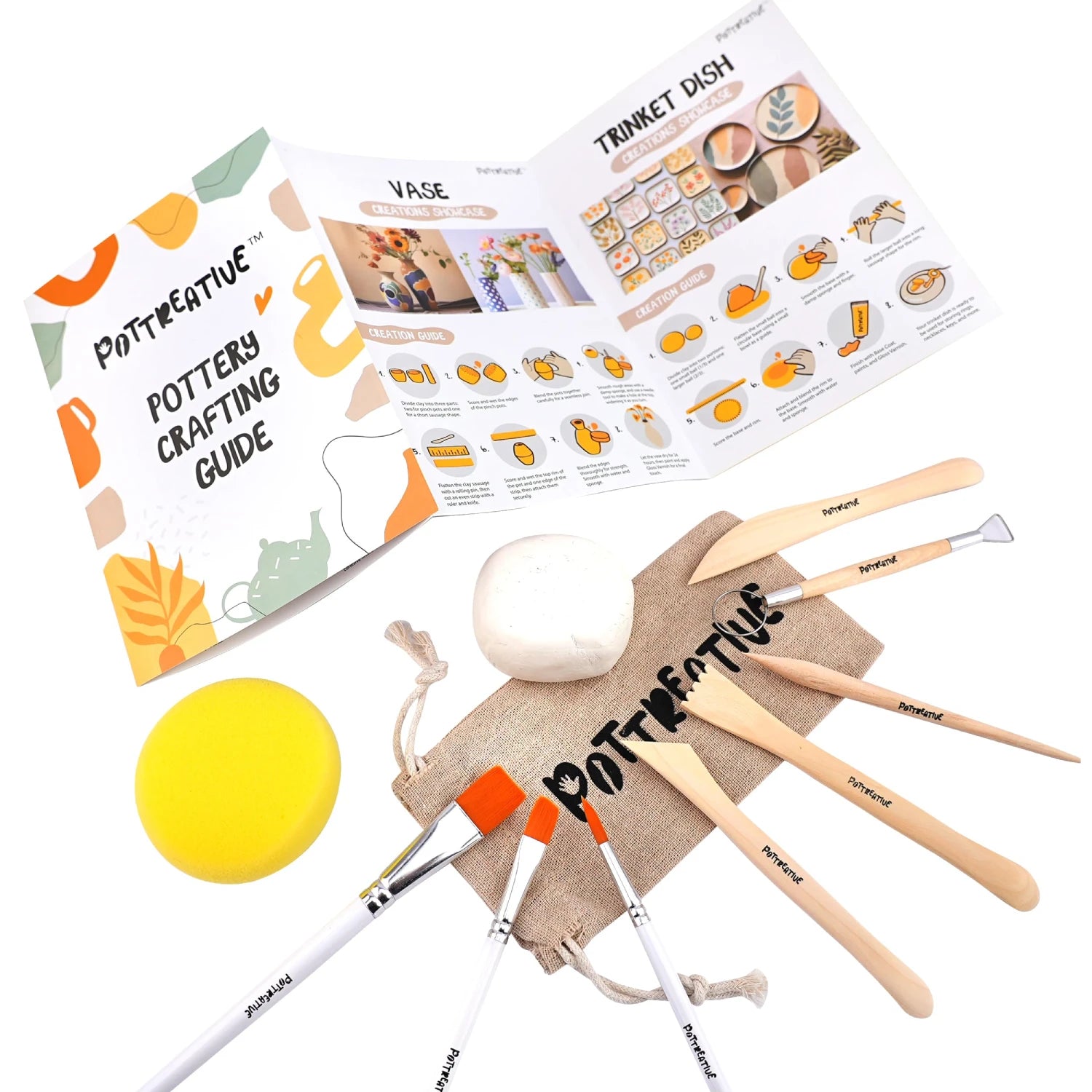 Pottery crafting guide with tools and clay.