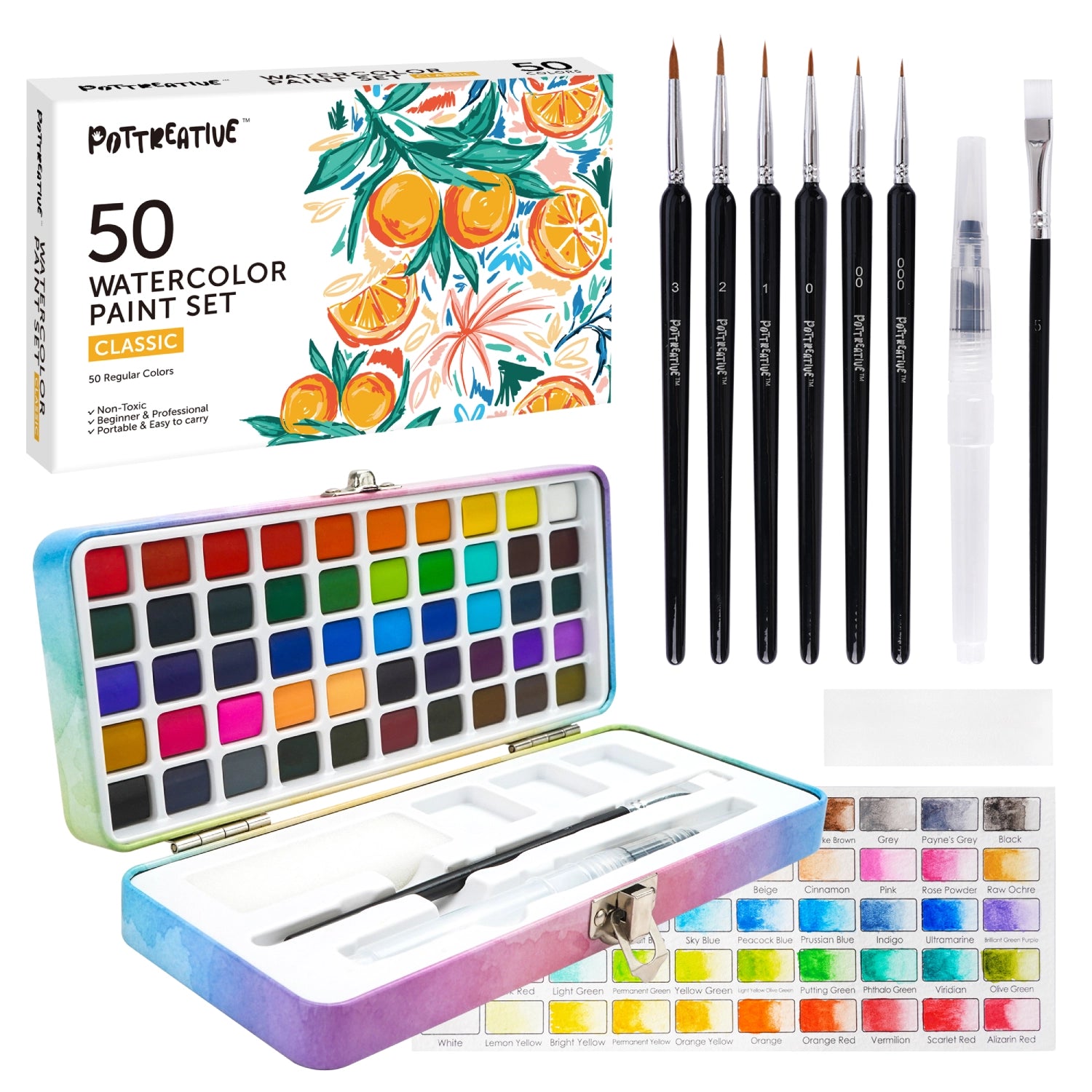Complete 50 Colors Watercolor Paint Set by Pottreative. Includes portable tin case, 50 pans, 8 brushes, swatch card, and gift box.