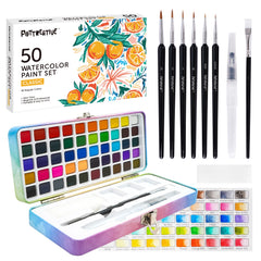Complete 50 Colors Watercolor Paint Set by Pottreative. Includes portable tin case, 50 pans, 8 brushes, swatch card, and gift box.