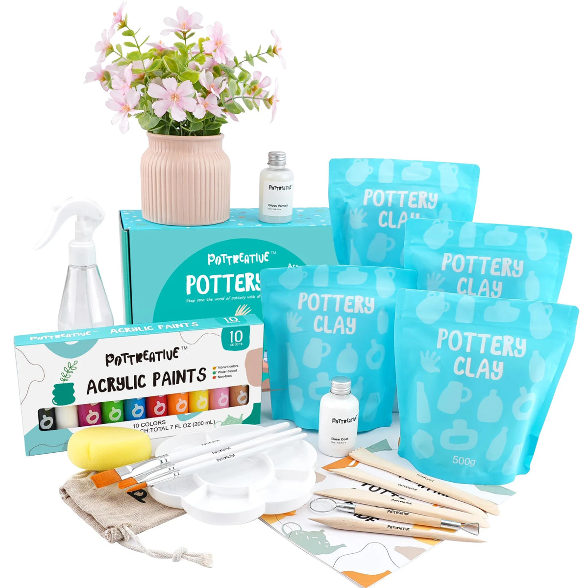 Pottreative air dry clay pottery kit complete set, including 2kg clay, 10 acrylic paints, tools, and a finished pink vase, perfect for DIY crafts.