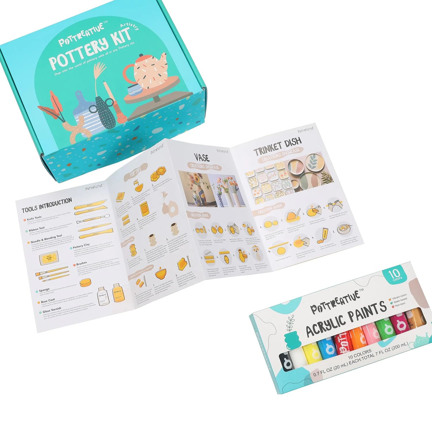 The Pottreative air dry clay pottery kit box alongside the open crafting guide and 10-color acrylic paint set for beginners.